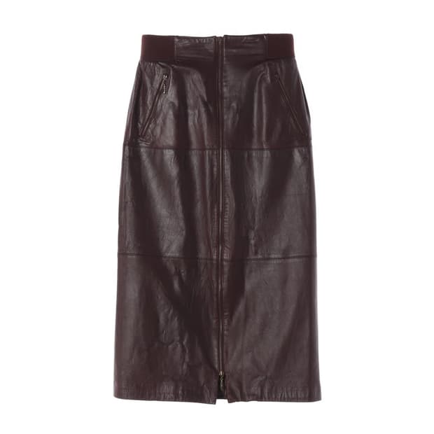 리얼 양가죽 버건디 프론트 지퍼 미디 스커트