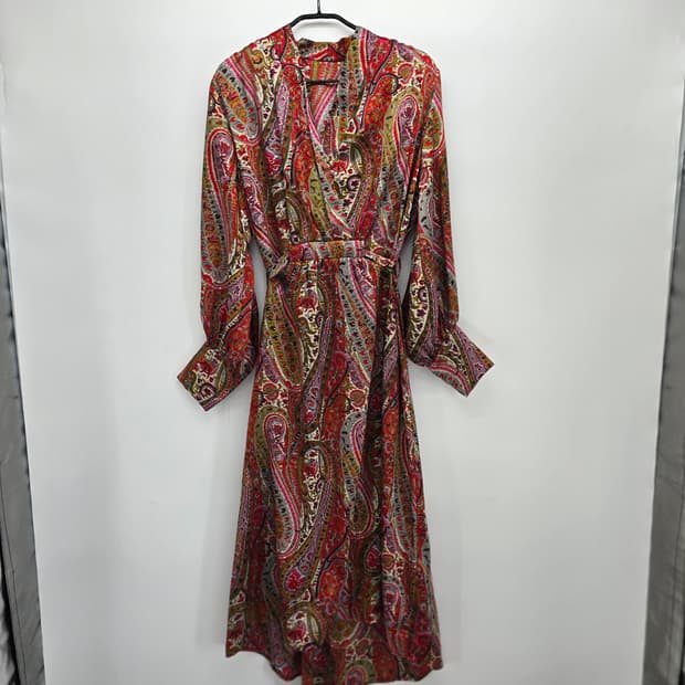 ZARA Paisley Satin Dress with Belt Pink 