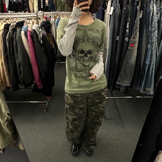 L)MMA Elite 빈티지 스컬프린팅 와플 레이어드 롱슬리브