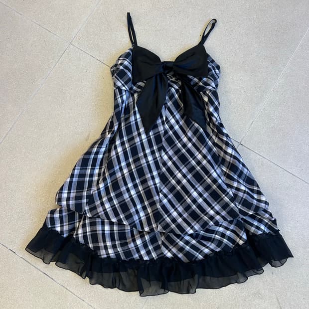 리본 체크 벌룬 원피스