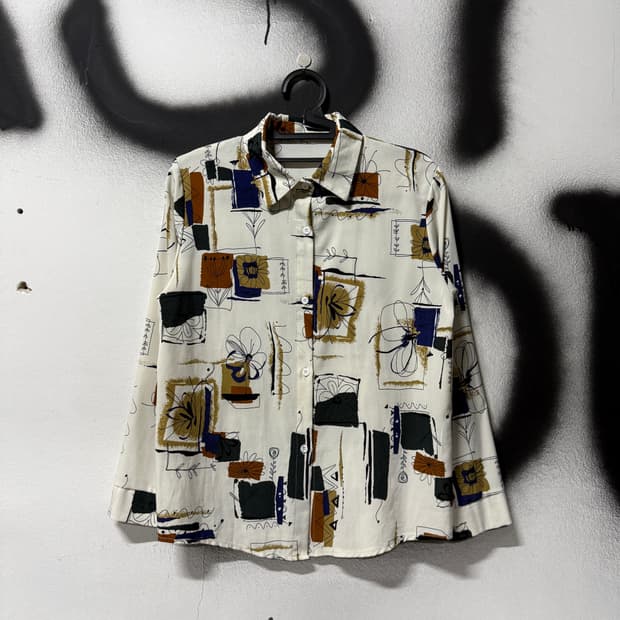 VTG 빈티지 화이트 패턴 블록 긴팔 셔츠