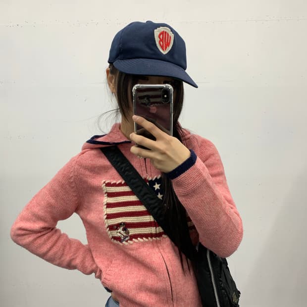 성조기 핑크 니트 후드집업
