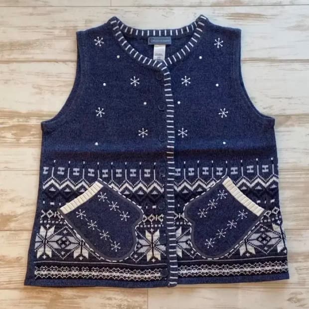 빈티지 크리스마스 니트조끼 장갑 눈 네이비