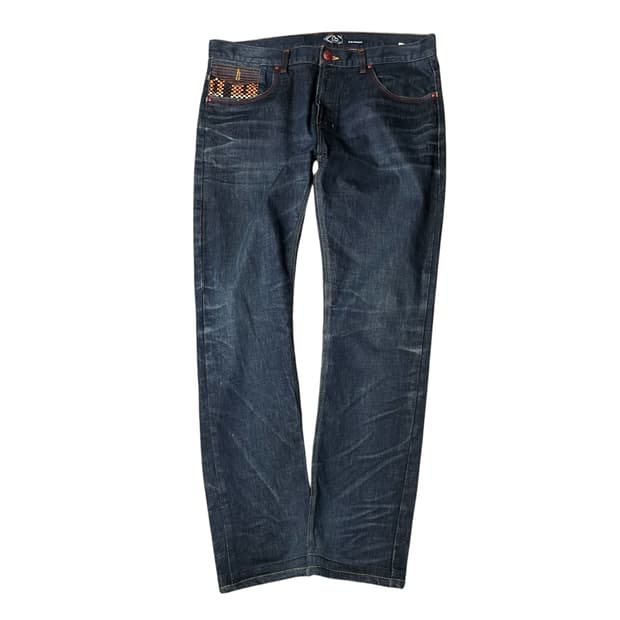 (36) 에비수 진청 레드 스티치 워싱 데님 팬츠 슬림 스트레이트 핏