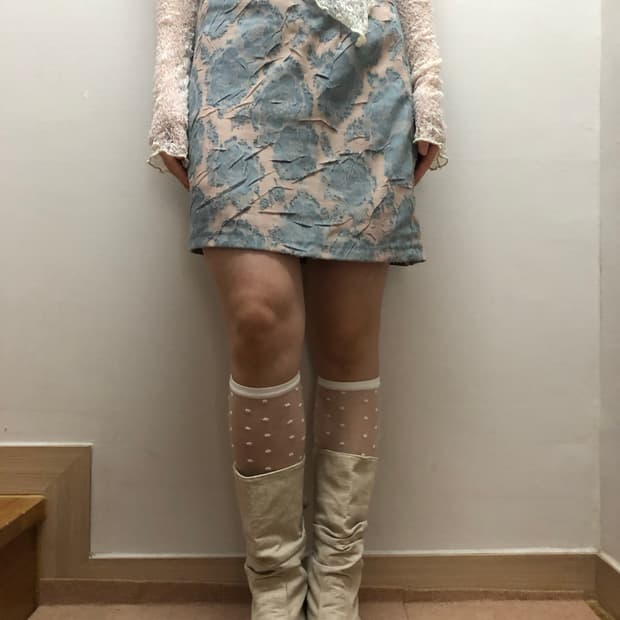 빈티지 라이트 블루 플라워 미니 스커트