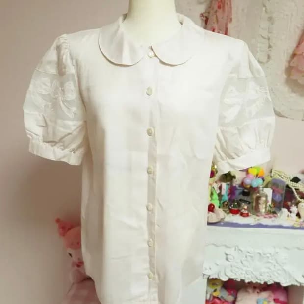 로리타 양산형 리본 시스루 퍼프 반팔 블라우스