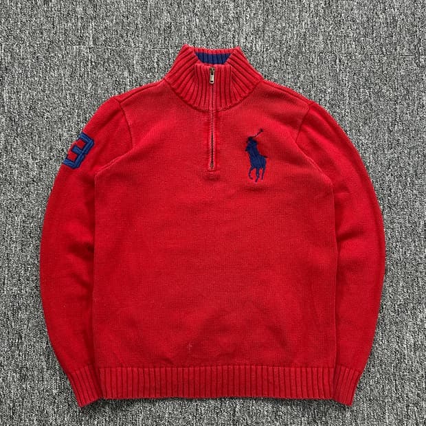 폴로 랄프로렌 빅포니 레드 하프 니트집업 XL 
