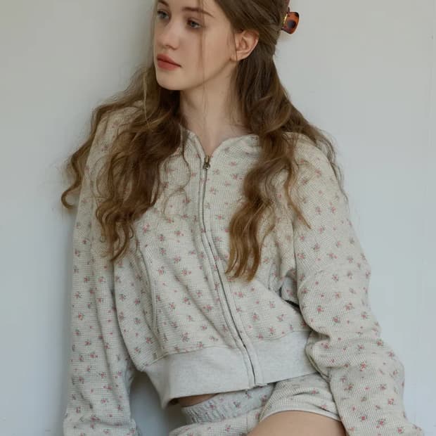 새상품)) 레터프롬문 앤디 플라워 와플 후드 집업 쇼츠 세트 오트밀