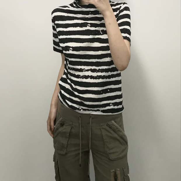 빈티지 모크넥 스트라이프 티셔츠