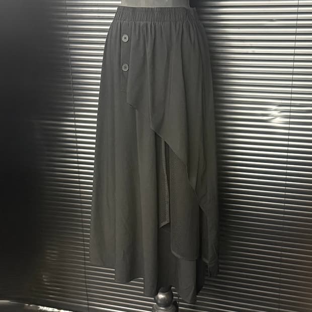 보니스팍스 블랙 망사 랩 스커트 사선 린넨 느낌 밴딩 치마 블랙 다크웨어