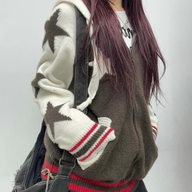 Star pattern Knit Hoodie Zip-Up