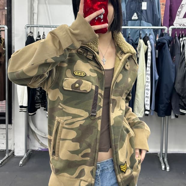 VTG Y2K 카모 넥버클 자켓