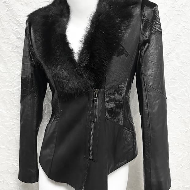 택포•빈티지 펑크 고딕 쉽스킨 송치 사선 지퍼 레더 자켓