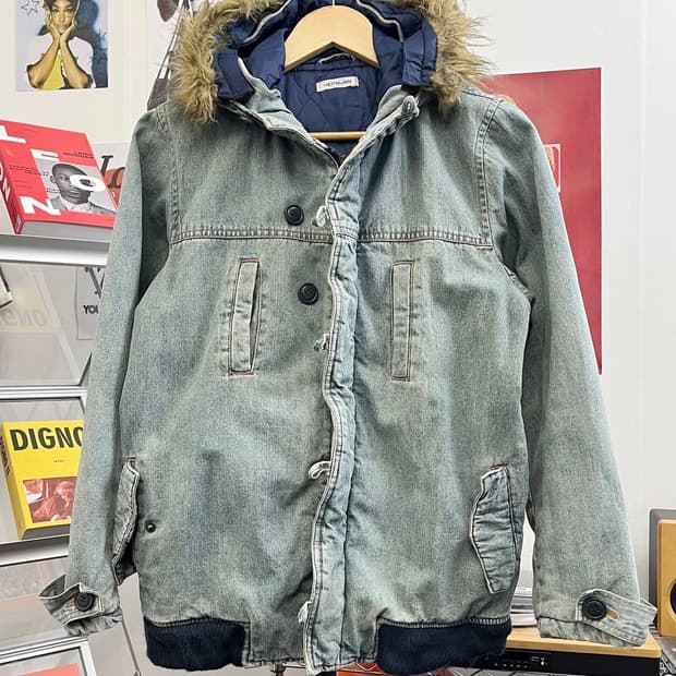 올드 빈티지 퍼 후드 데님 블루종 자켓