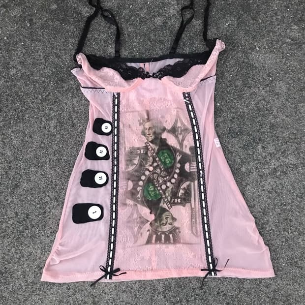  Jack Card Print Lace Mesh Slip Dress
