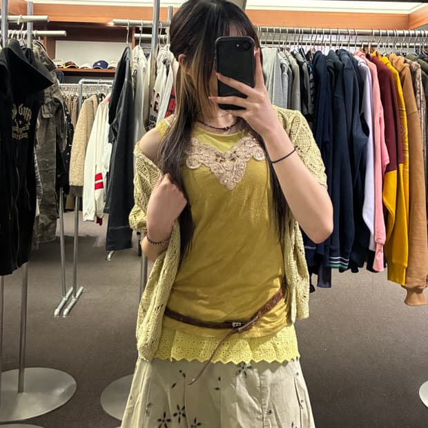 OS)Japanese vintage 여성 펀칭 반팔 니트 가디건