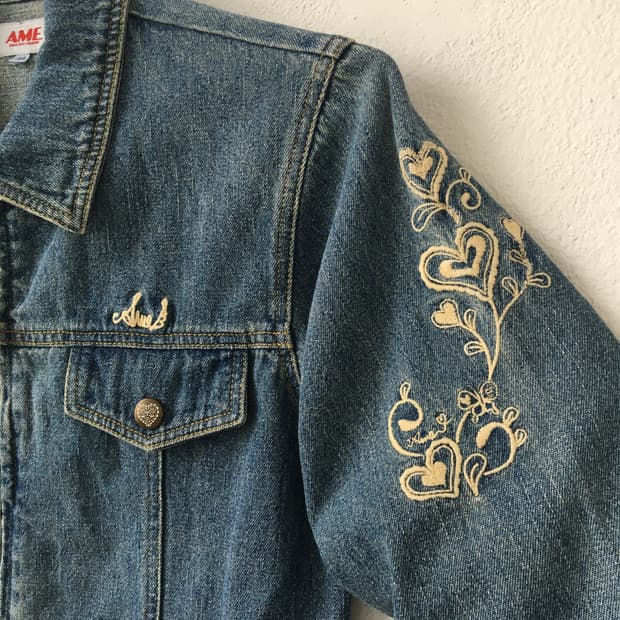 Needle work point denim zip up jacket
