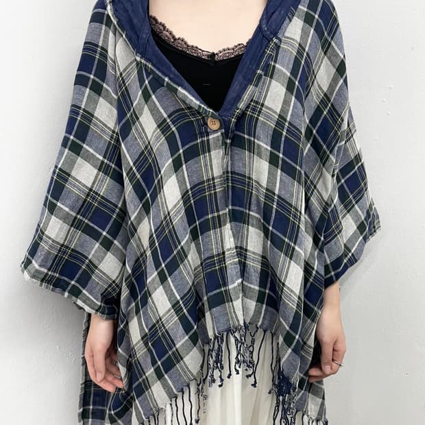 모리 사와코 체크 후드 케이프