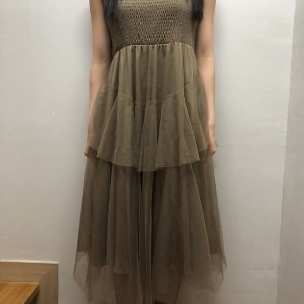 빈티지 카키 브라운 레이스 프릴 원피스