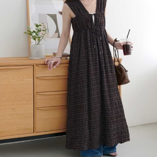 DISCOAT Shirring Check One-Piece