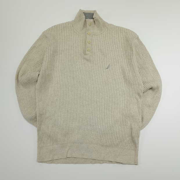 CN977 XL 노티카 연베이지 리브드 하프버튼 긴팔 니트 스웨터