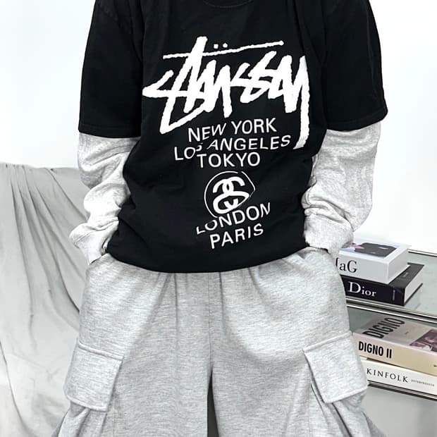 스투시 블랙 월드투어 반팔티 XL