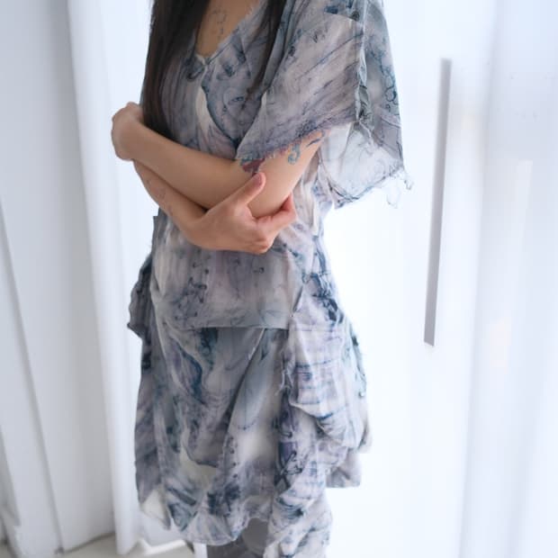 Corset graphic drape silk dress