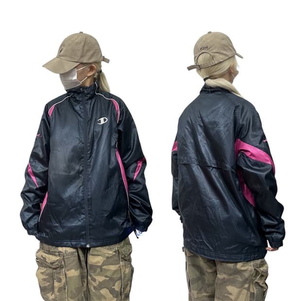 챔피온 네이비 일본판 핑크 포인트 올드스쿨 바람막이 오버핏 트랙 자켓 L