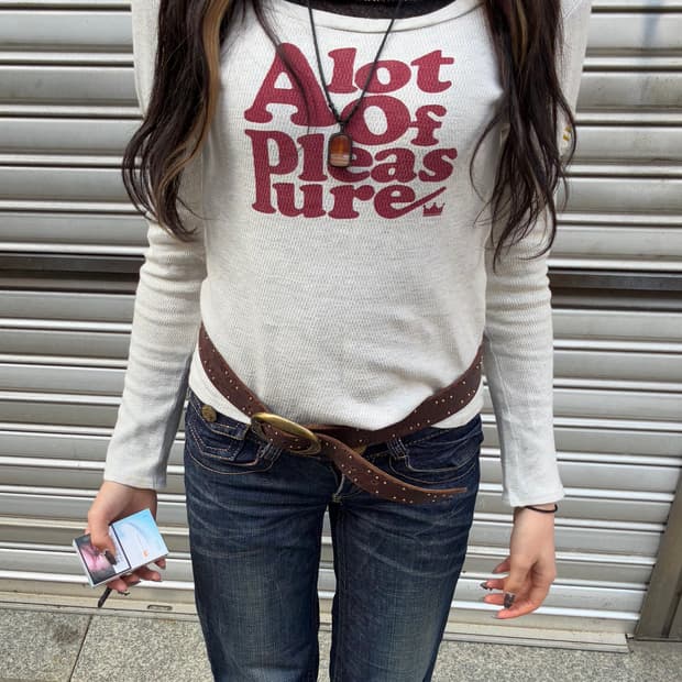 M)Japanese vintage 여성 프린팅 패치 와플 롱슬리브