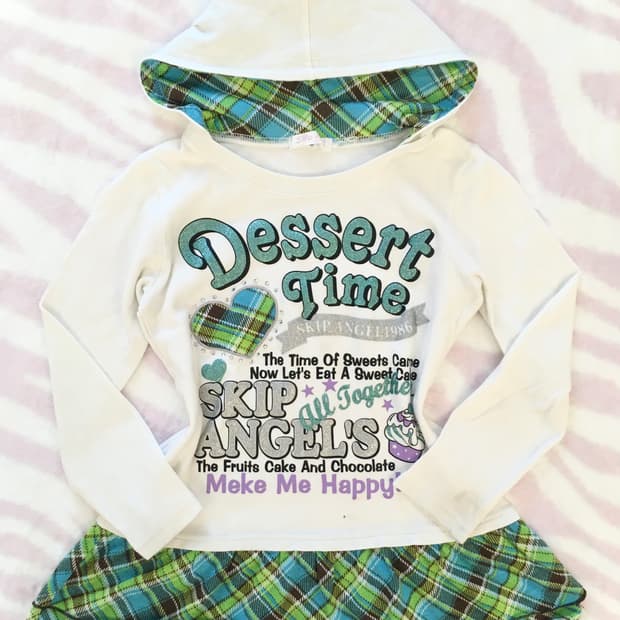 헤이세이 쿨그린 체크 후드 탑 갸루 키치