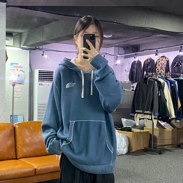 노스페이스 블루 니트 후드티 B2389