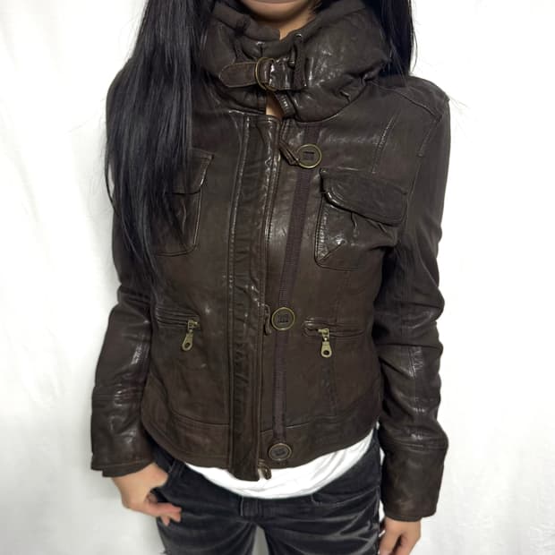 Brown high neck lamb skin jacket