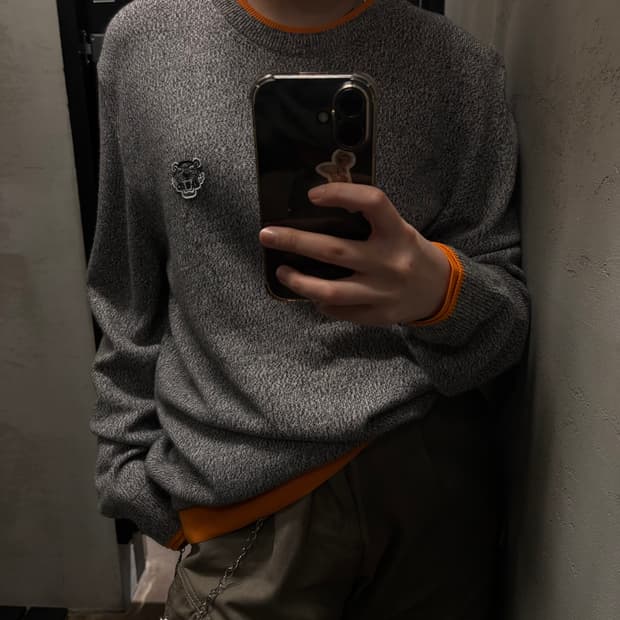 KENZO 겐조 크루넥 니트 그레이/오렌지 배색 포인트