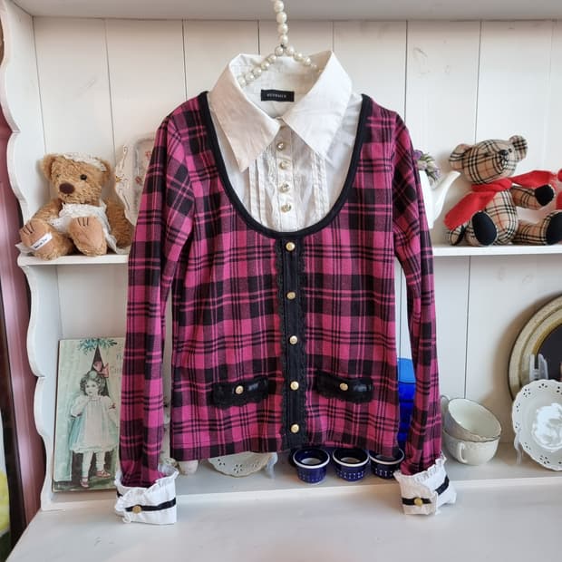 핑크 체크 블라우스 가디건 셋업탑