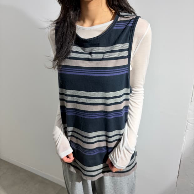 00s Stussy Authentic 스트라이프 나시 슬리브리스
