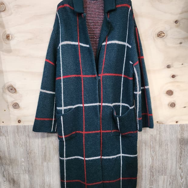 640) 베네통 딥그린 체크 롱 가디건 코트