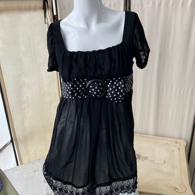 블랙 도트 레이스 블라우스 원피스 1325 모리걸 일본빈티지