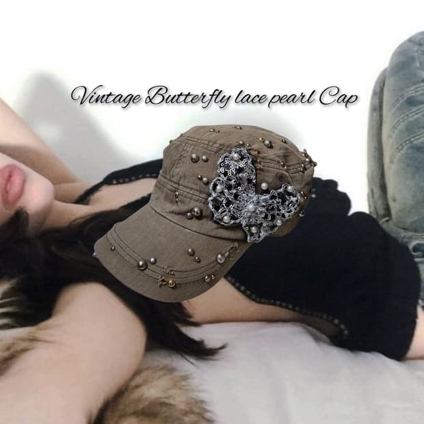 Vintage Butterfly lace pearl Cap