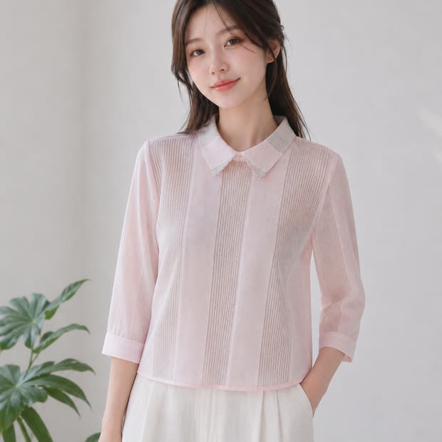 🌸 MOSKA 모스카 핑크 시스루 셔츠형 블라우스 55ㅣ 망사 레이어드
