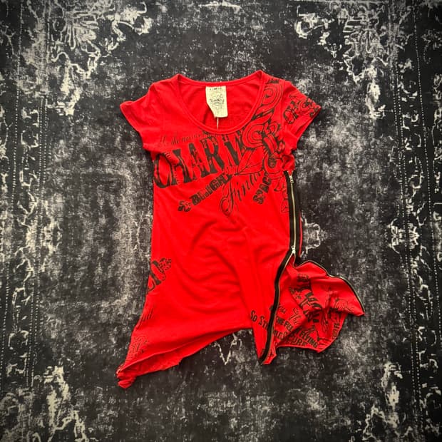 Glitz Side Zipper Design Red T-Shirt