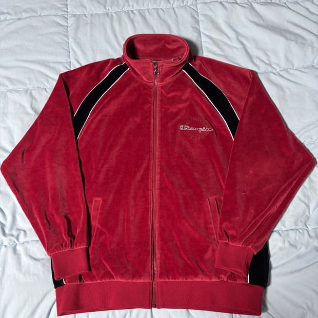 XL) 챔피온 벨루어 카라넥 집업 / 벨루어 롱 팬츠 다크 와인 셋업