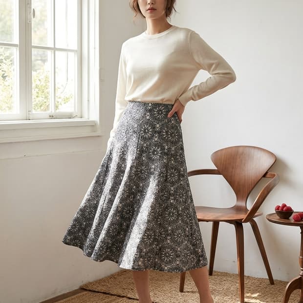 🩶 올리브 데 올리브 그레이 플라워 레이스 플레어 미디 스커트 55