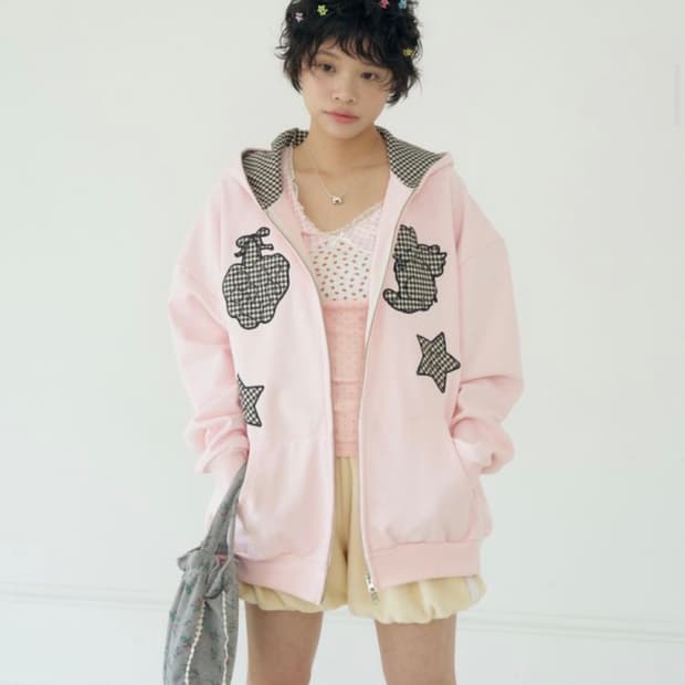 샤키리 키링 체크 패치 후드 (pink)