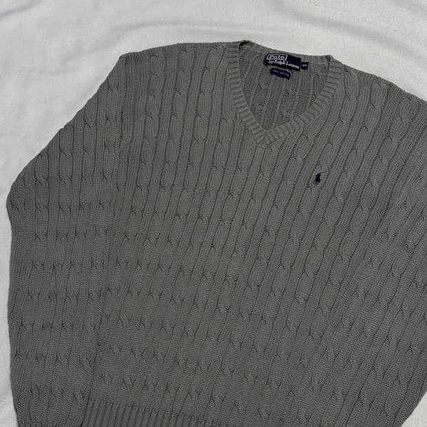 95 폴로랄프로렌 코튼 그레이 브이넥 케이블 니트