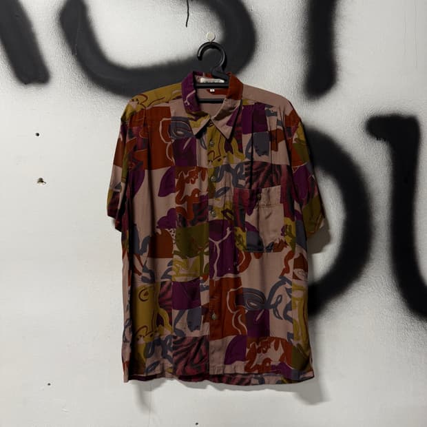 VTG 빈티지 컬러블록 플라워 풀 패턴 하와이안 반팔 셔츠