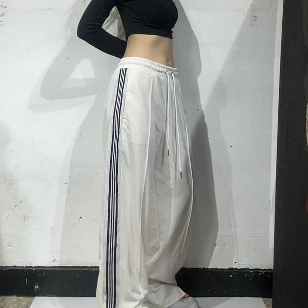 일본 빈티지 화이트 블랙 사이드 라인 와이드 추리닝 바지 F