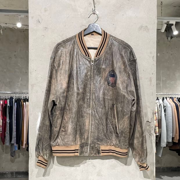 아비렉스 브라운 usa 로고 바시티 레더 자켓