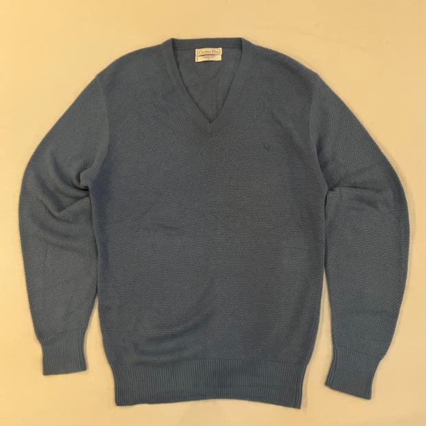 80s 크리스챤 디올 아카이브 자수로고 와플 브이넥 니트 블루