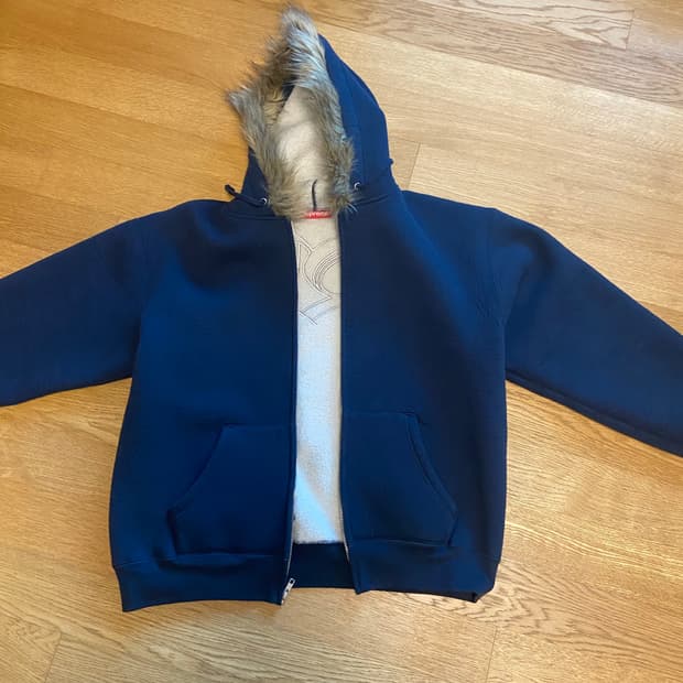 슈프림 포푸 퍼 집업 후드 스웨트셔츠 네이비