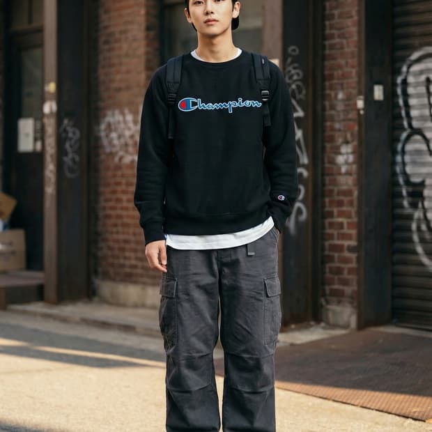 챔피온 안감기모 블랙 로고 맨투맨 티셔츠_M